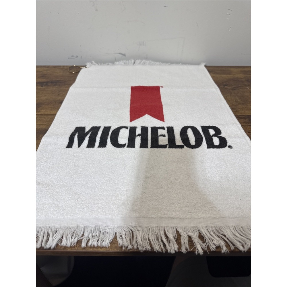 VINTAGE MICHELOB BEER LOGO 16"x24" WHITE TERRY CLOTH GOLF TOWEL w/ Clasp - Picture 2 of 5